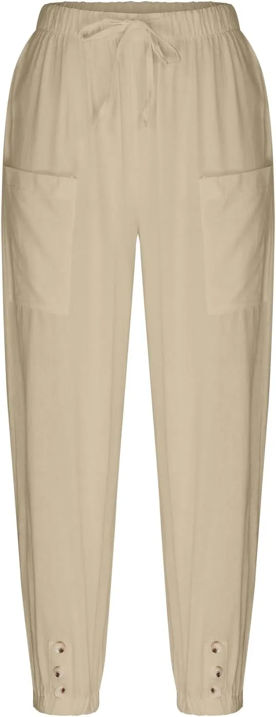 Linen Pants for Women Summer Elastic High Waist Lounge Pant Wide Leg Cropped Trousers Pocketed Beach Vacation Wear