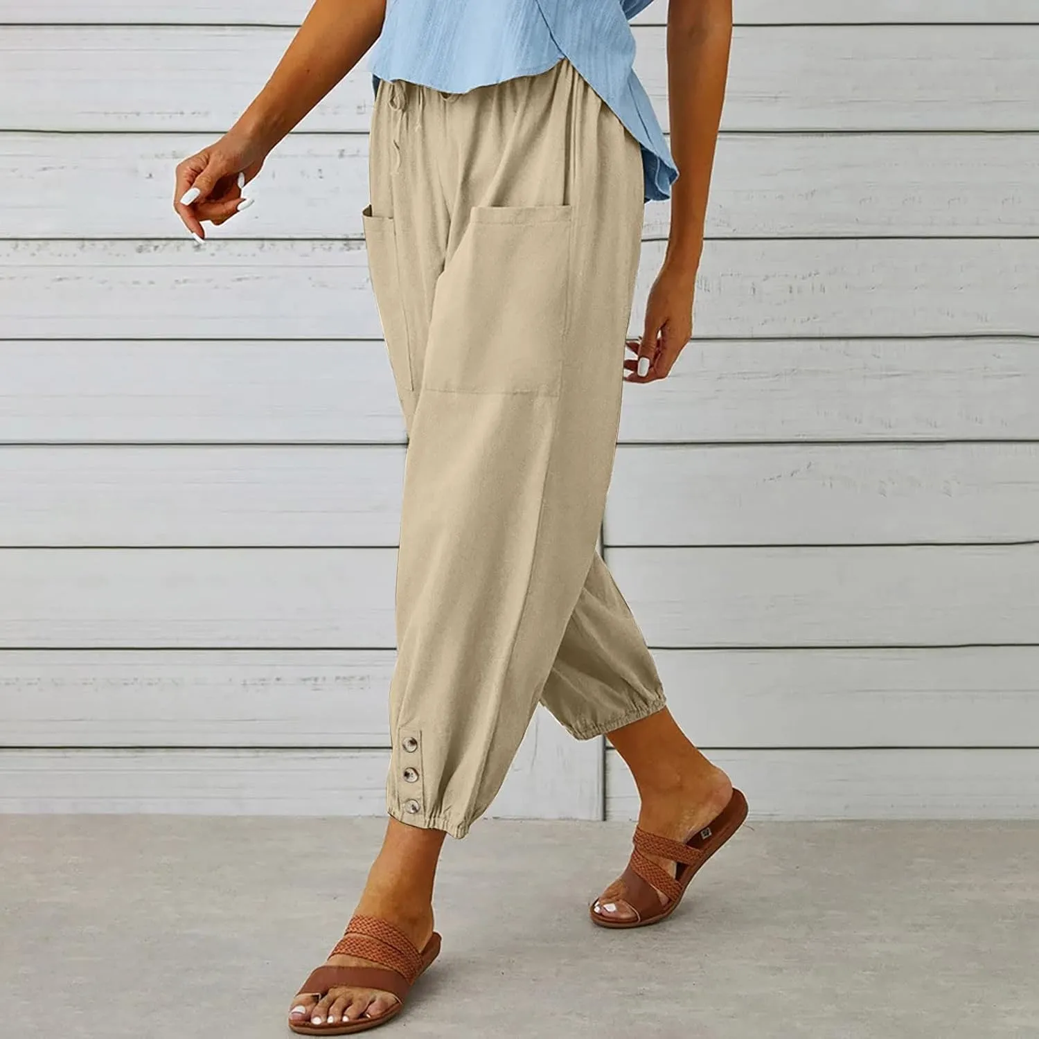 Linen Pants for Women Summer Elastic High Waist Lounge Pant Wide Leg Cropped Trousers Pocketed Beach Vacation Wear