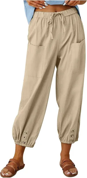 Linen Pants for Women Summer Elastic High Waist Lounge Pant Wide Leg Cropped Trousers Pocketed Beach Vacation Wear