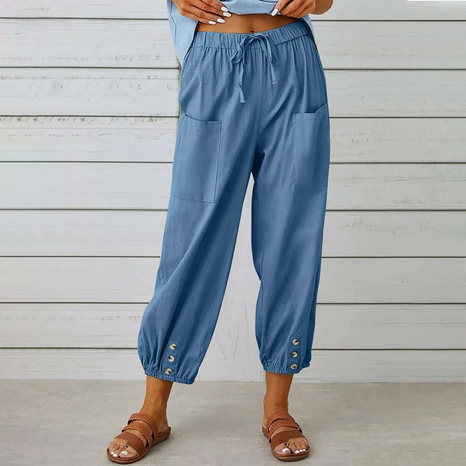 Linen Pants for Women Summer Elastic High Waist Lounge Pant Wide Leg Cropped Trousers Pocketed Beach Vacation Wear