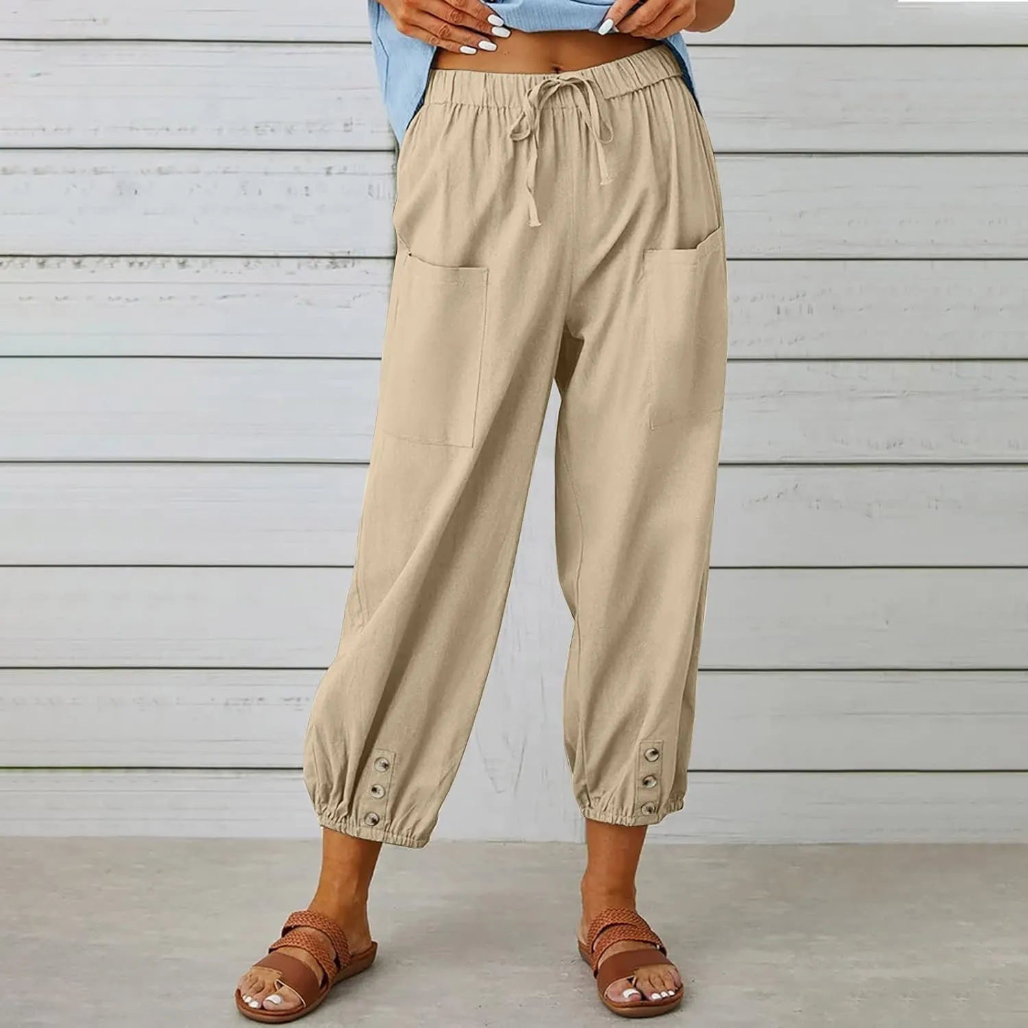 Linen Pants for Women Summer Elastic High Waist Lounge Pant Wide Leg Cropped Trousers Pocketed Beach Vacation Wear