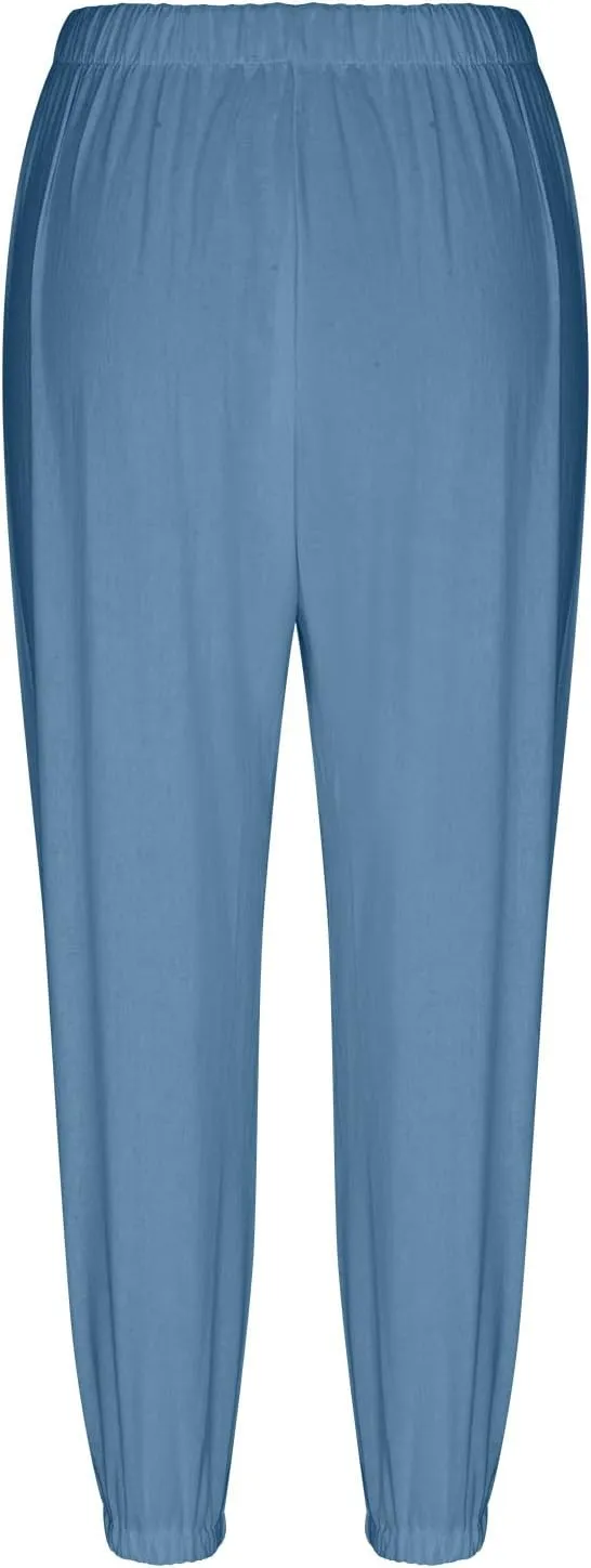 Linen Pants for Women Summer Elastic High Waist Lounge Pant Wide Leg Cropped Trousers Pocketed Beach Vacation Wear