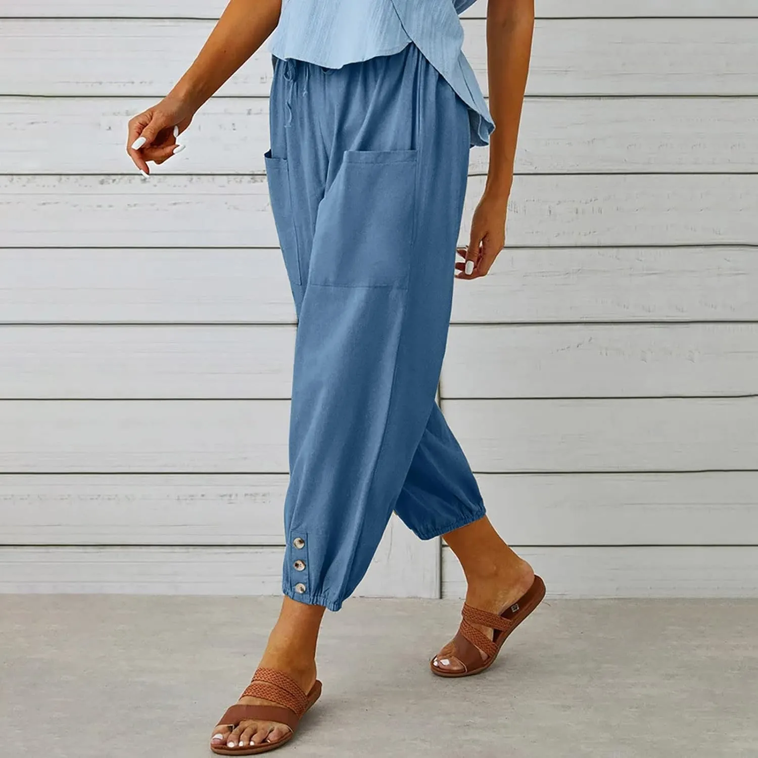 Linen Pants for Women Summer Elastic High Waist Lounge Pant Wide Leg Cropped Trousers Pocketed Beach Vacation Wear