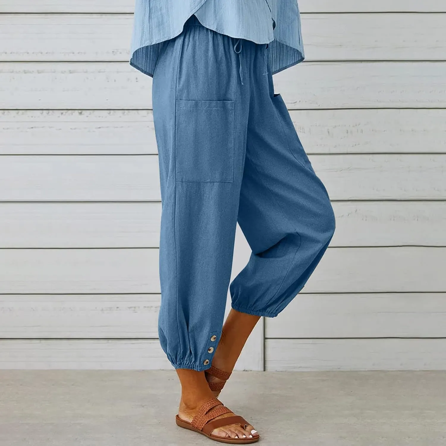 Linen Pants for Women Summer Elastic High Waist Lounge Pant Wide Leg Cropped Trousers Pocketed Beach Vacation Wear