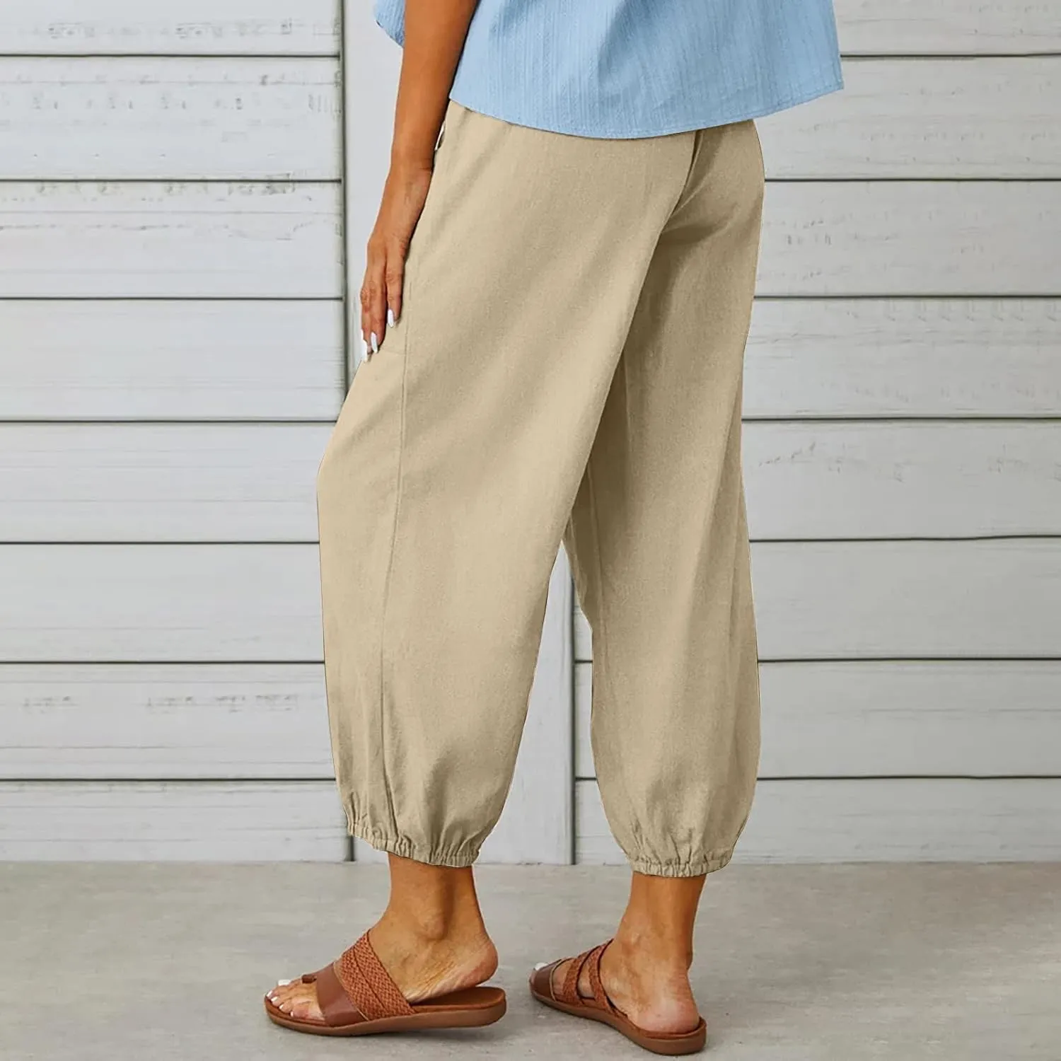 Linen Pants for Women Summer Elastic High Waist Lounge Pant Wide Leg Cropped Trousers Pocketed Beach Vacation Wear