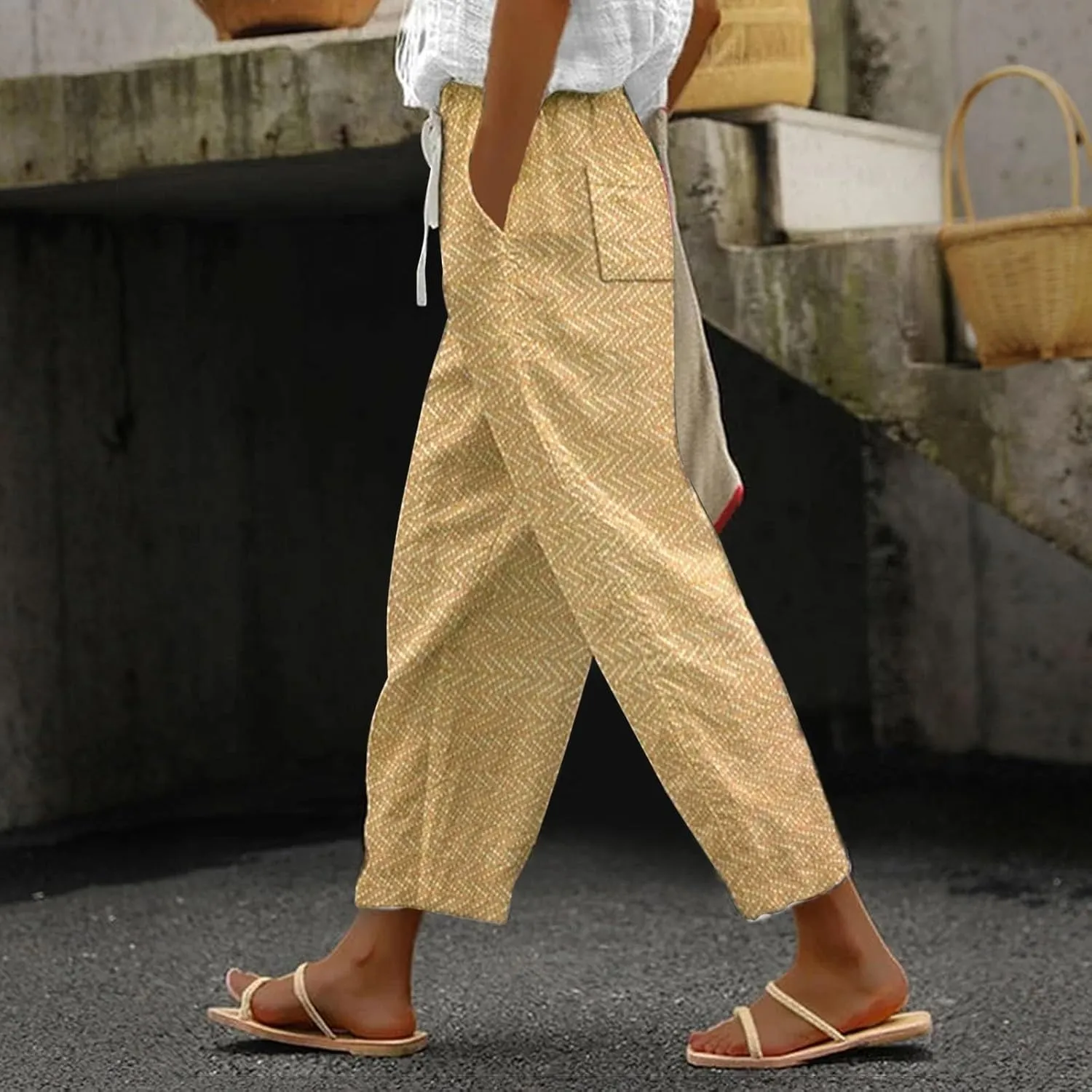 Linen Pants Women Petite 2025 Drawstring Pants Capri Pants 2025 Pants with Pockets Wide Leg Cropped Pants Linen