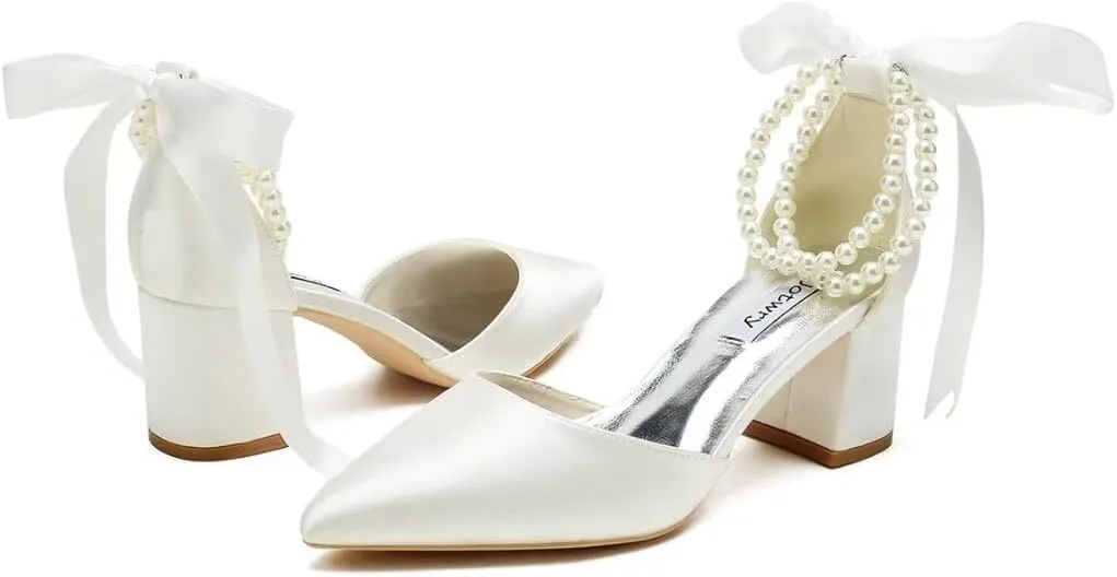 Low Block Heel Wedding Shoes for Bride Pointed Toe Pearl Wedding Heels Bridal Shoes