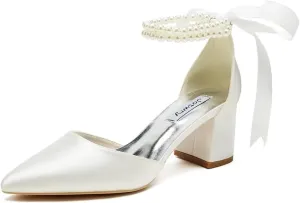 Low Block Heel Wedding Shoes for Bride Pointed Toe Pearl Wedding Heels Bridal Shoes