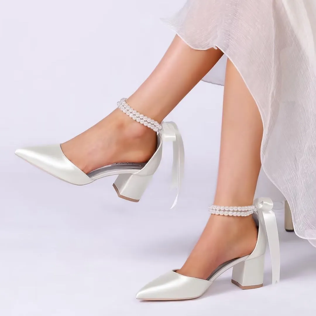 Low Block Heel Wedding Shoes for Bride Pointed Toe Pearl Wedding Heels Bridal Shoes