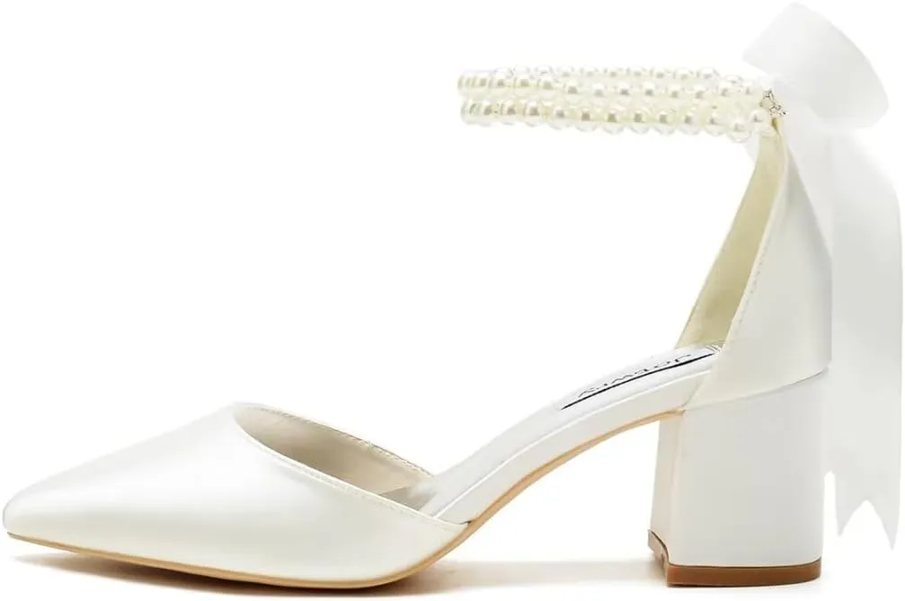 Low Block Heel Wedding Shoes for Bride Pointed Toe Pearl Wedding Heels Bridal Shoes