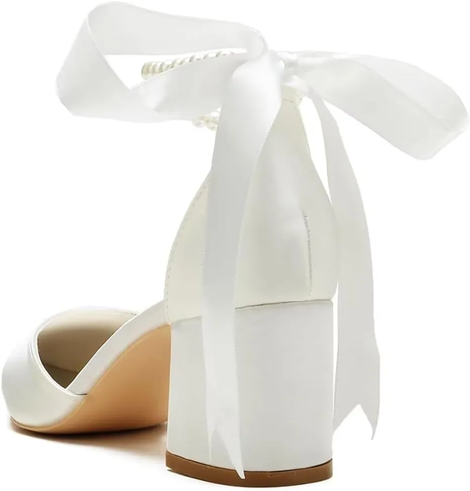 Low Block Heel Wedding Shoes for Bride Pointed Toe Pearl Wedding Heels Bridal Shoes