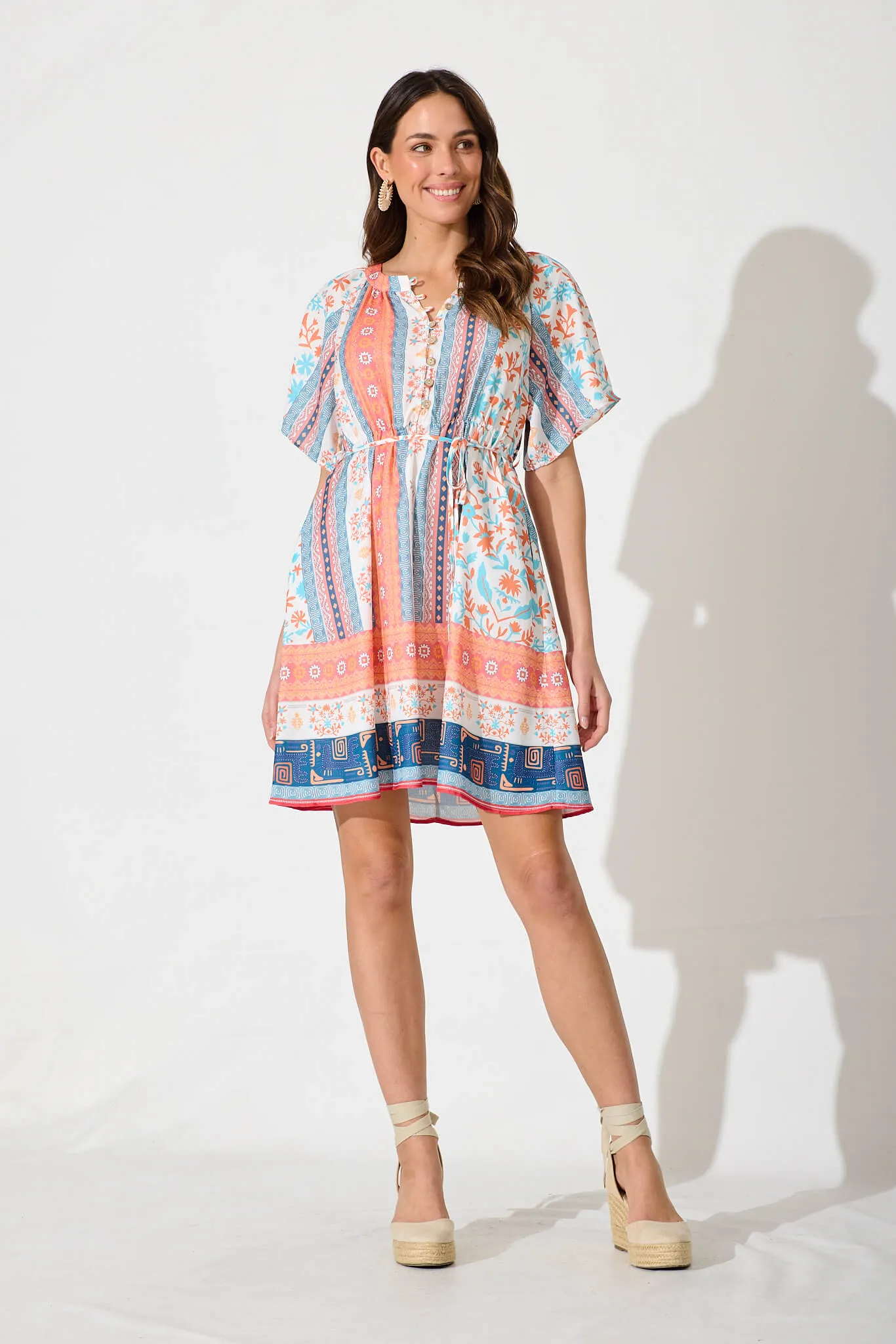 Luigi Dress In Multi Floral Border Print Linen Blend