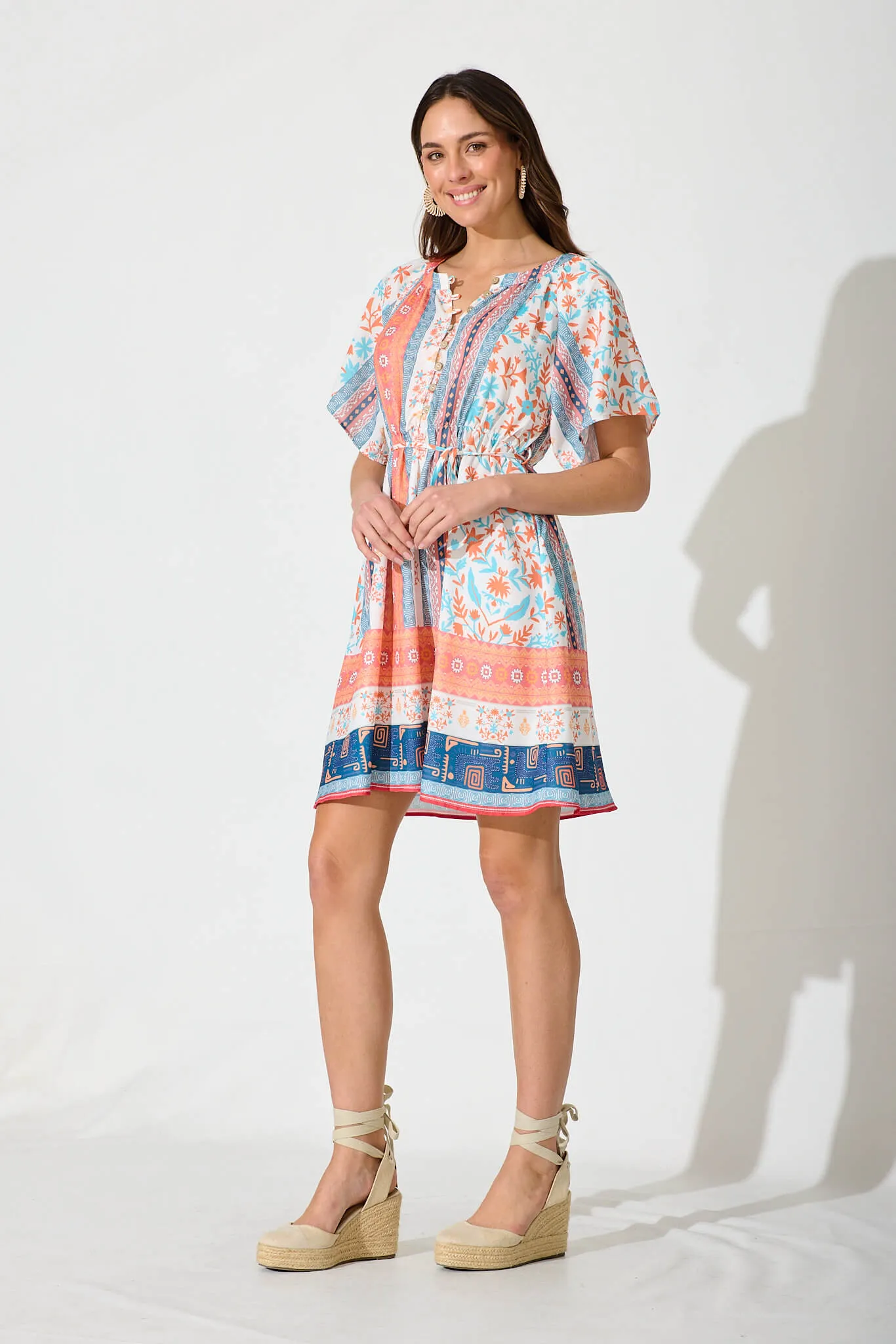 Luigi Dress In Multi Floral Border Print Linen Blend