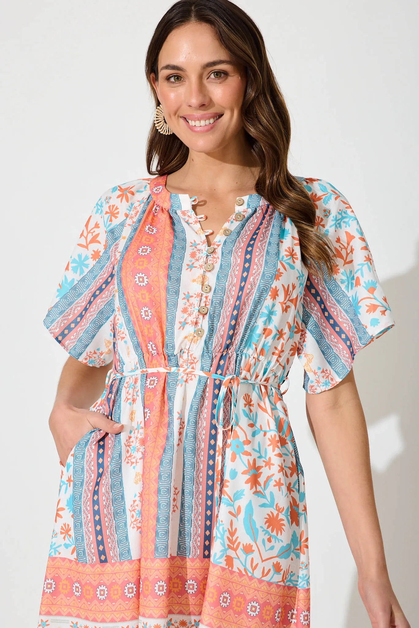 Luigi Dress In Multi Floral Border Print Linen Blend