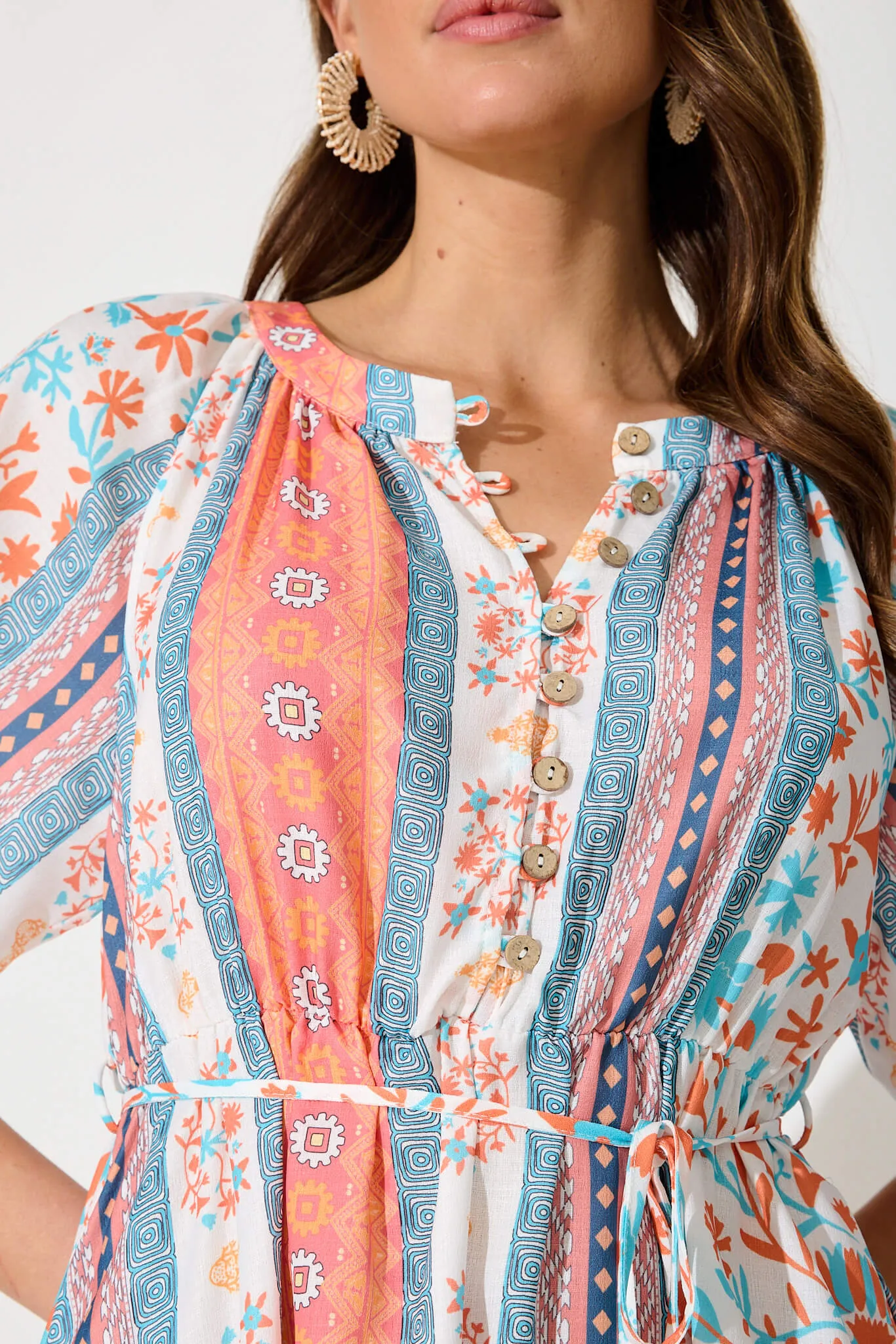Luigi Dress In Multi Floral Border Print Linen Blend