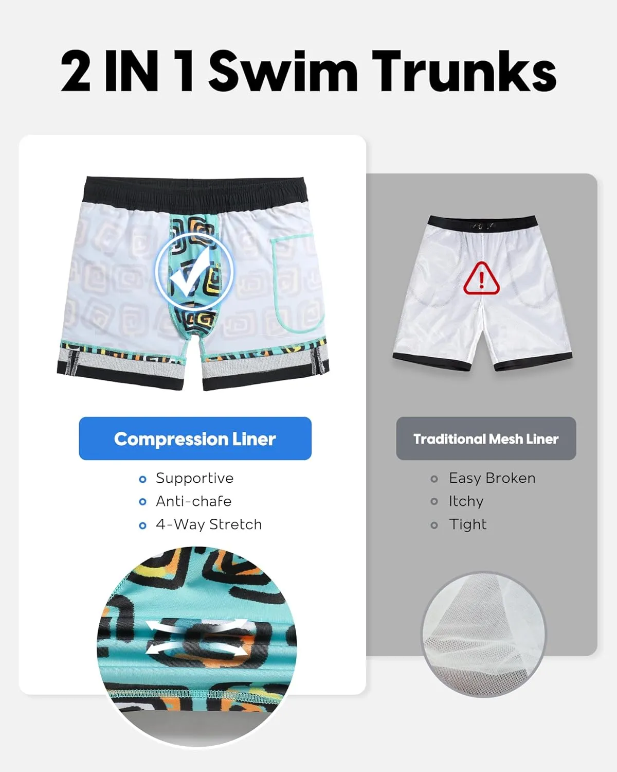 maamgic Men's Swim Trunks 5.5 inch Seersucker 2 in 1 Beach Shorts Quick Dry Bathing Suits with Compression Liner