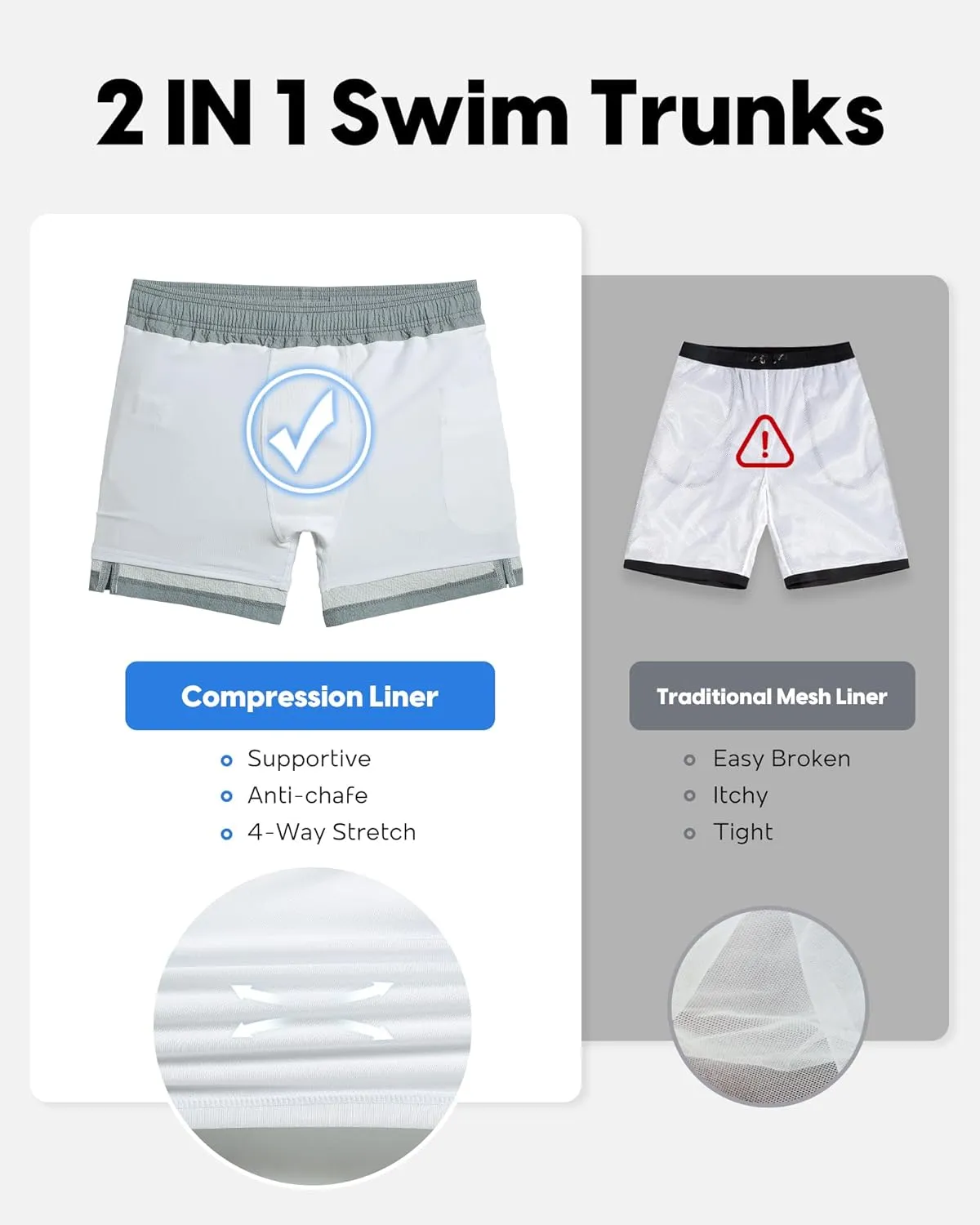 maamgic Men's Swim Trunks 5.5 inch Seersucker 2 in 1 Beach Shorts Quick Dry Bathing Suits with Compression Liner