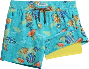 maamgic Men's Swim Trunks 5.5 inch Seersucker 2 in 1 Beach Shorts Quick Dry Bathing Suits with Compression Liner