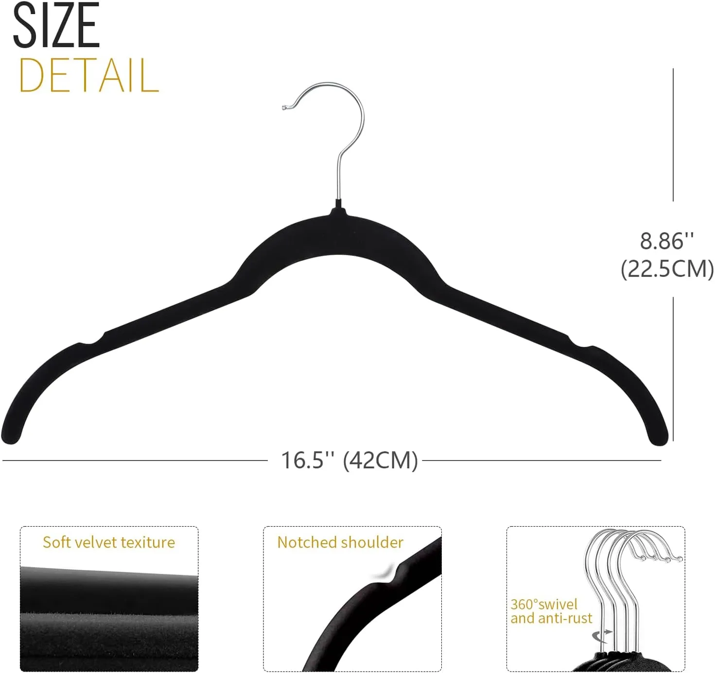 ManGotree 50 Pack Velvet Shirt Hangers for Women, 16.5'' Suit Hangers with 360° Swivel Hook, Non-Slip Coat Clothes Hangers for Tank Top, Shirts, Dress, Blouses, Strappy Dresses (Black)