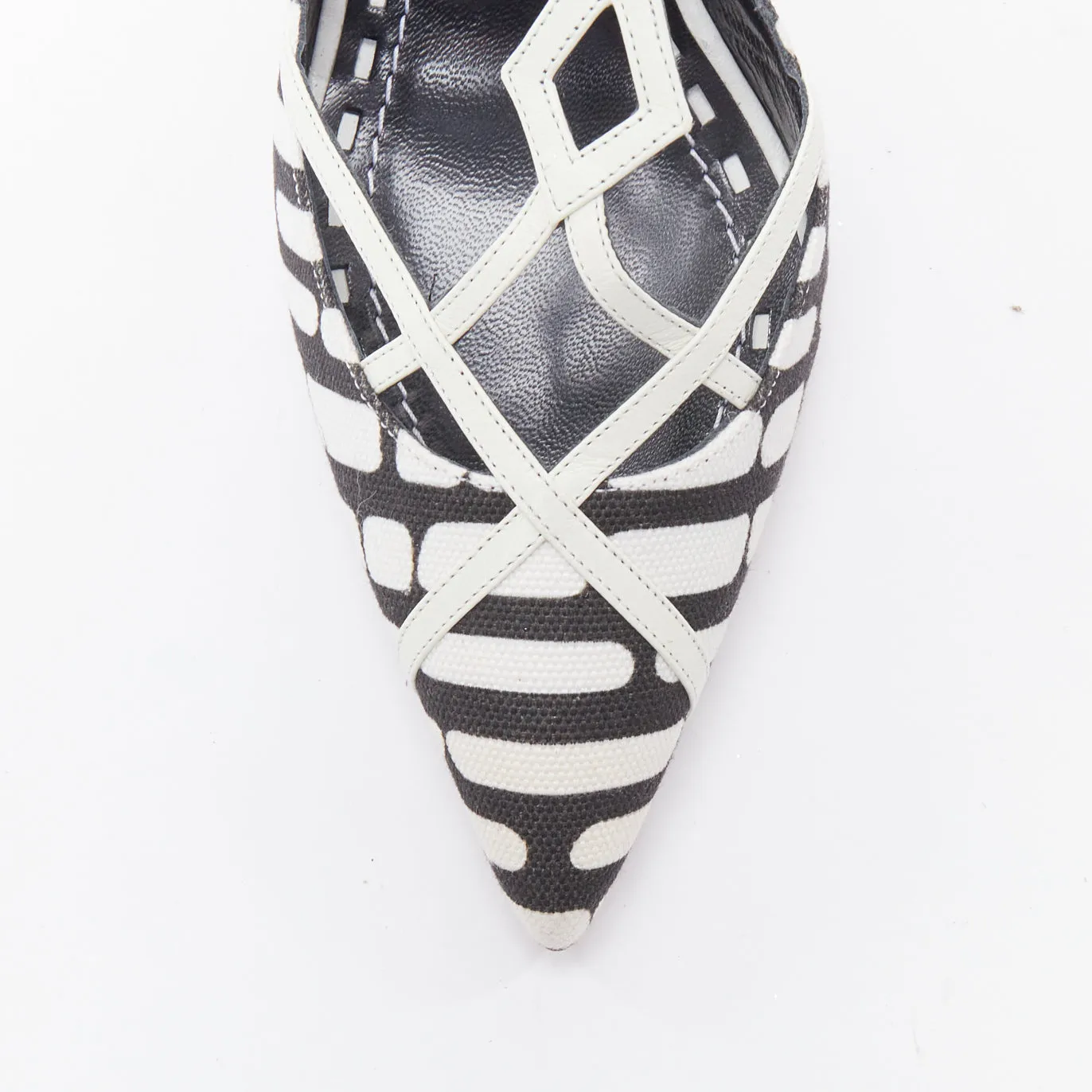 MANOLO BLAHNIK 2016 black white canvas leather trim strappy heels EU39.5