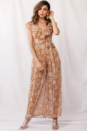 Marcia Ruffle Strap Wide Leg Jumpsuit Tan