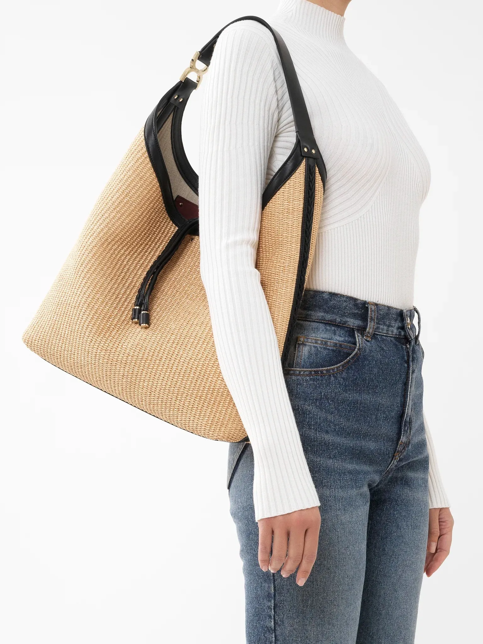 Marcie Leather & Raffia Hobo Shoulder Bag