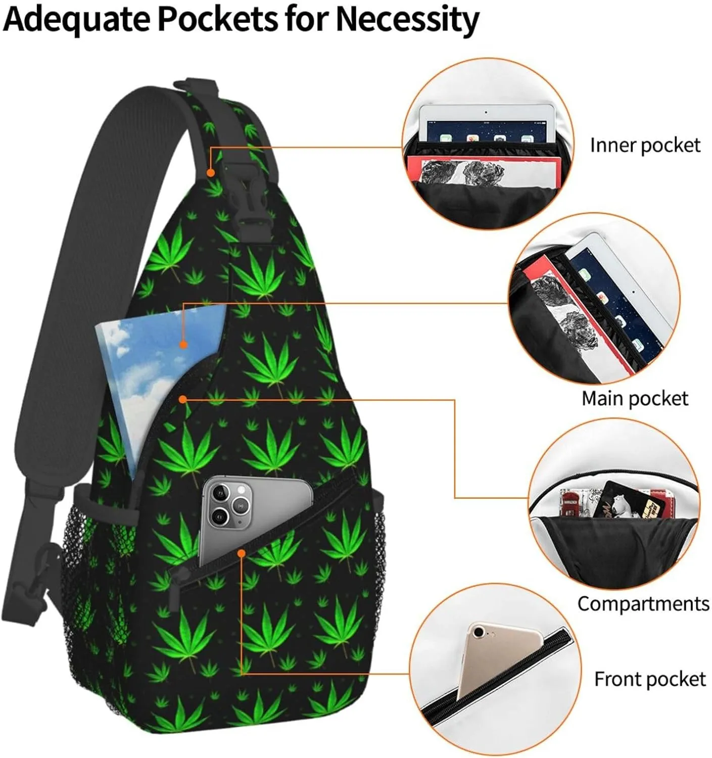 Marijuana Weed Leaf Chest Bags Crossbody Sling Bag Shoulder Bag Travel Hiking Daypack For Men Women