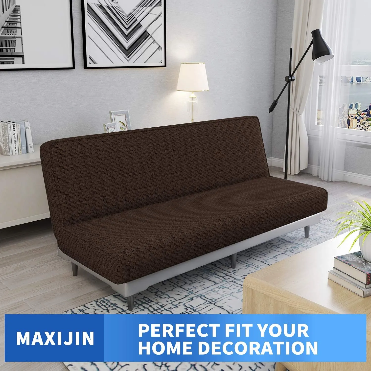 MAXIJIN Jacquard Futon Cover Stretch Armless Futon Sofa Cover Soft Futon Slipcover with Elastic Bottom Thick Sofa Bed Furniture Protector Covers, Machine Washable (Dark Coffee)