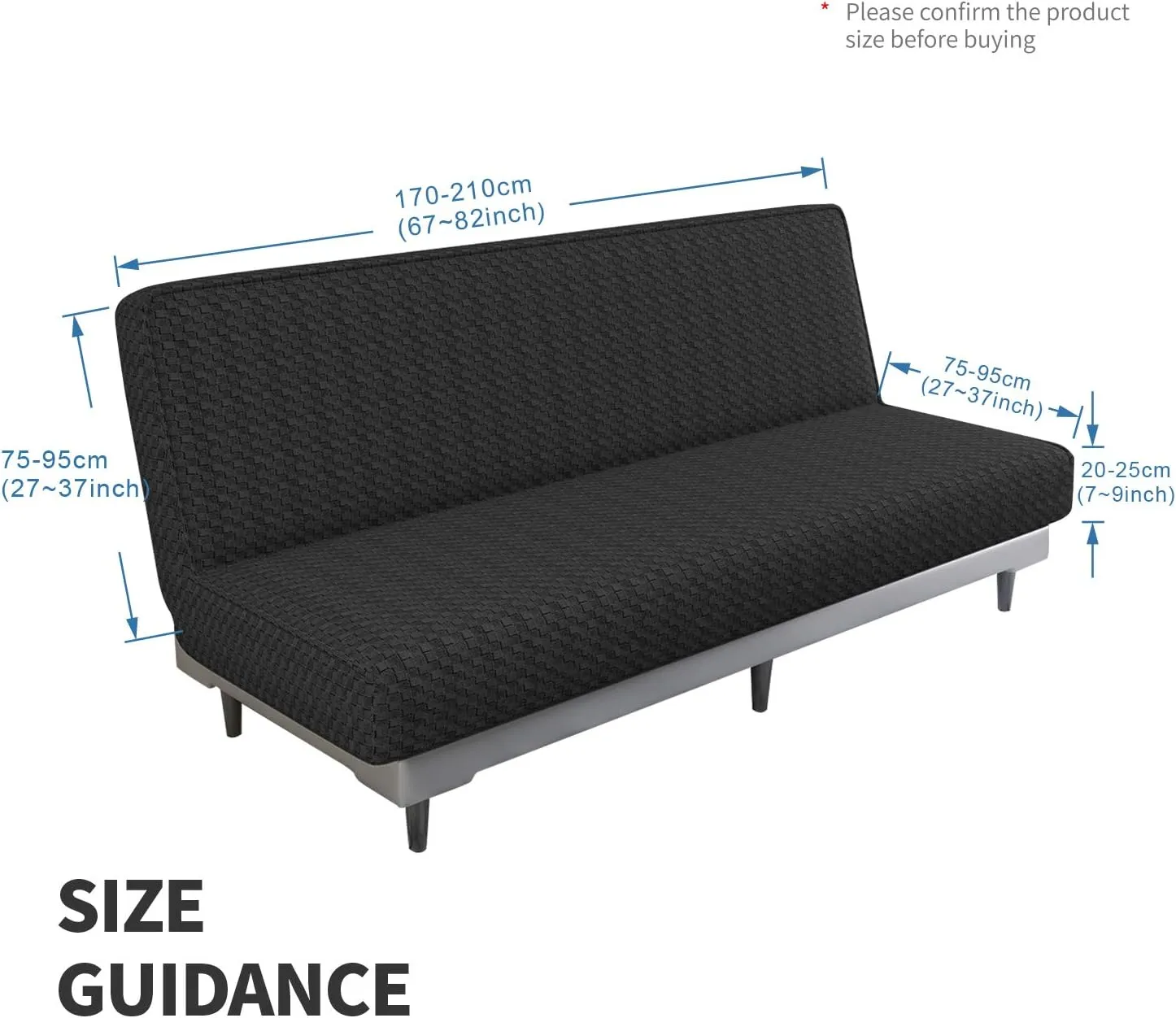 MAXIJIN Jacquard Futon Cover Stretch Armless Sofa Cover Soft Slipcover with Elastic Bottom Thick Furniture Protector Covers for Washable Futon (Black)