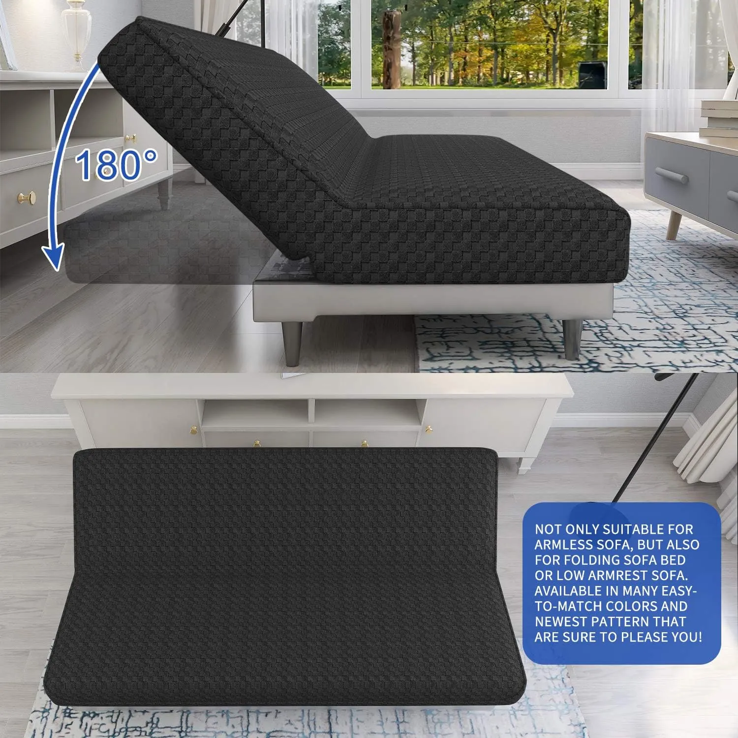 MAXIJIN Jacquard Futon Cover Stretch Armless Sofa Cover Soft Slipcover with Elastic Bottom Thick Furniture Protector Covers for Washable Futon (Black)