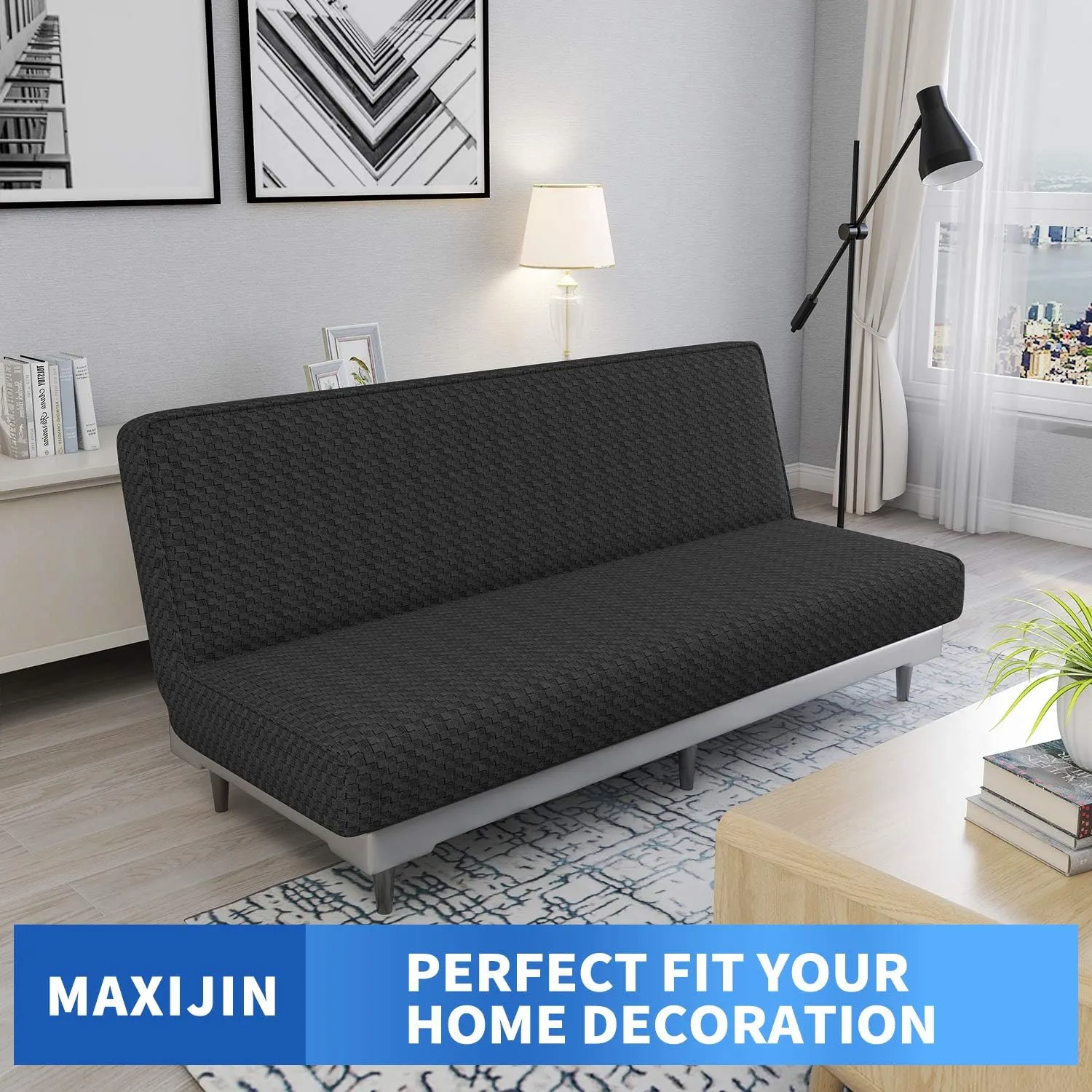 MAXIJIN Jacquard Futon Cover Stretch Armless Sofa Cover Soft Slipcover with Elastic Bottom Thick Furniture Protector Covers for Washable Futon (Black)