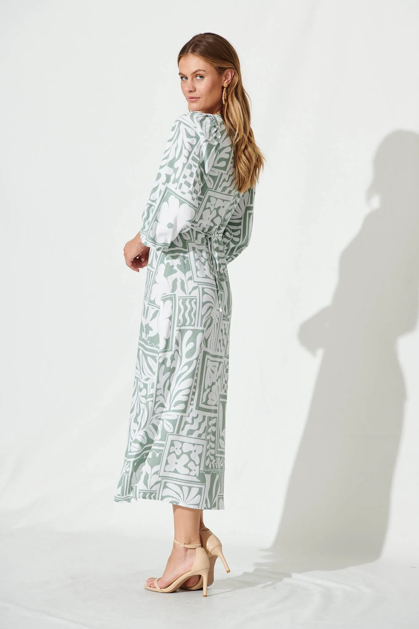 Meadow Maxi Dress In White With Sage Abstract Linen Blend