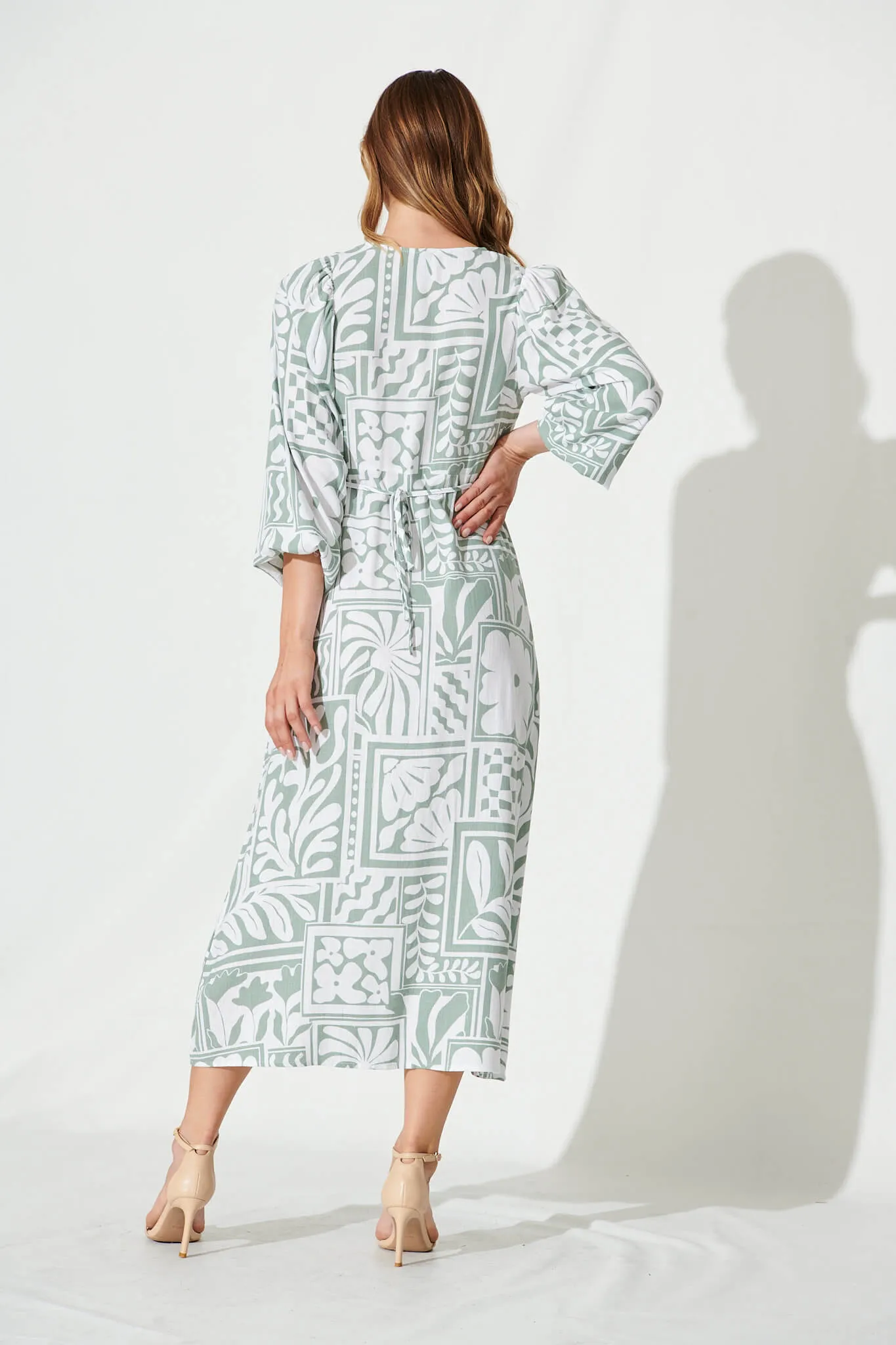 Meadow Maxi Dress In White With Sage Abstract Linen Blend