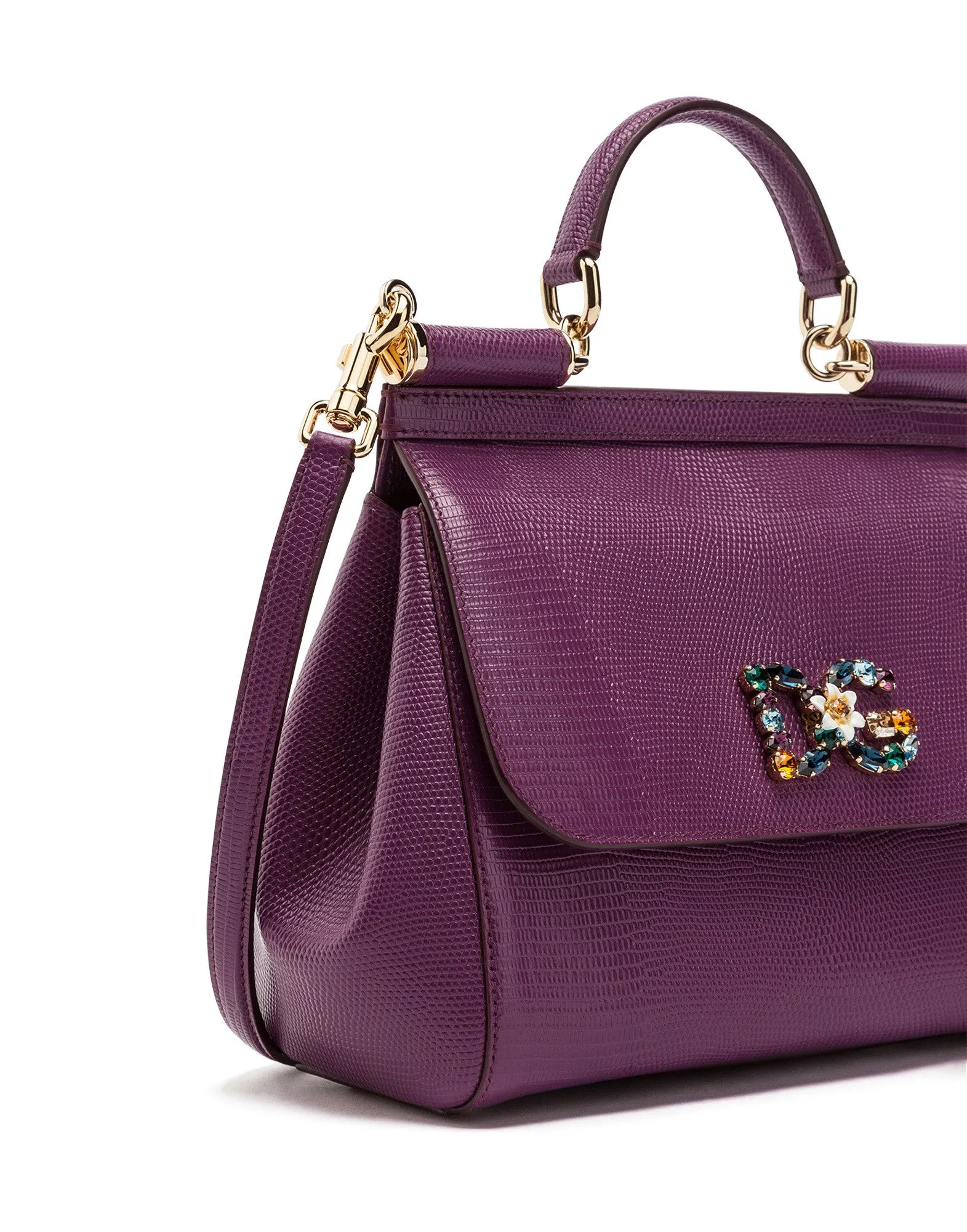 Medium iguana print calfskin Sicily bag with crystal DG logo patch