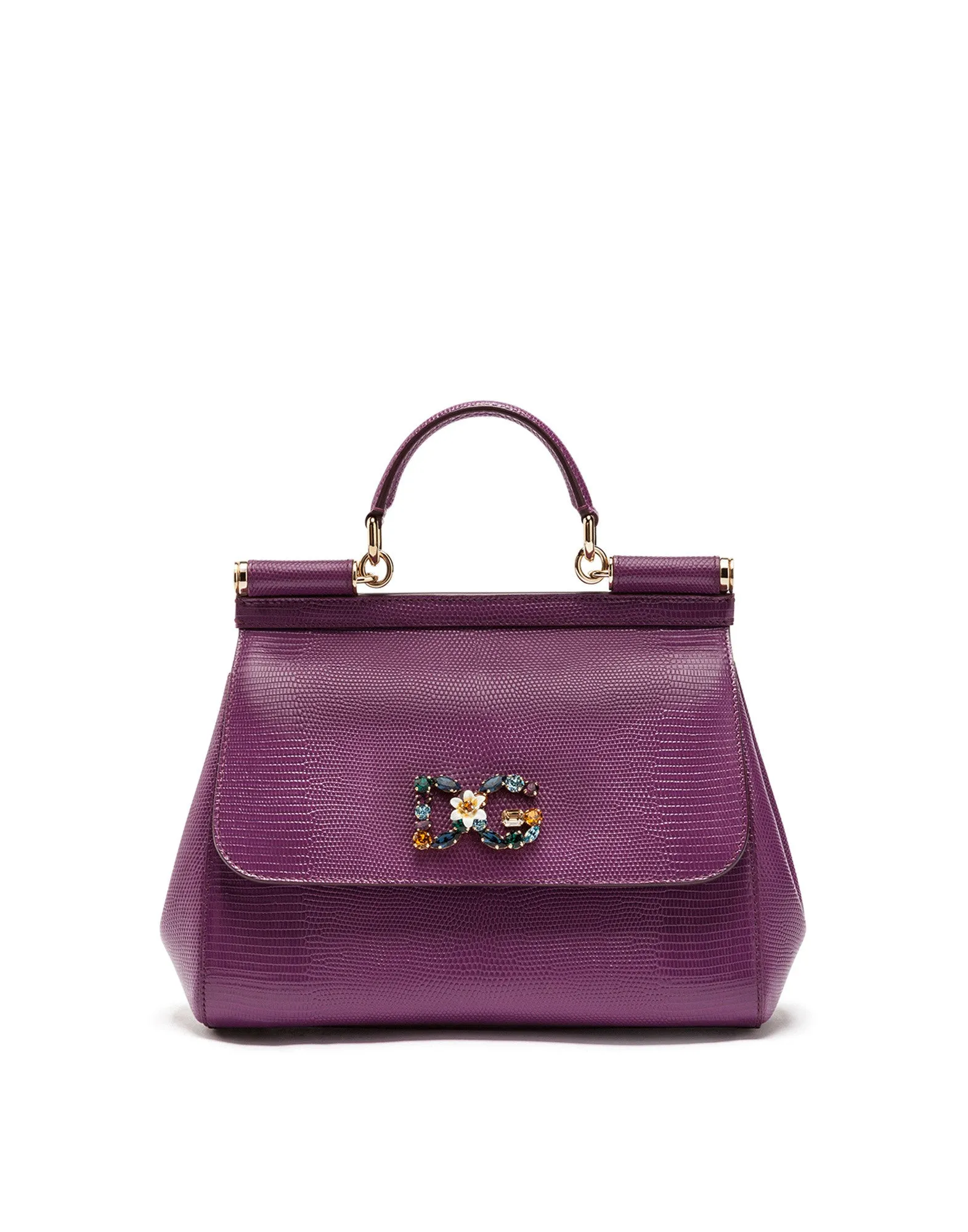 Medium iguana print calfskin Sicily bag with crystal DG logo patch