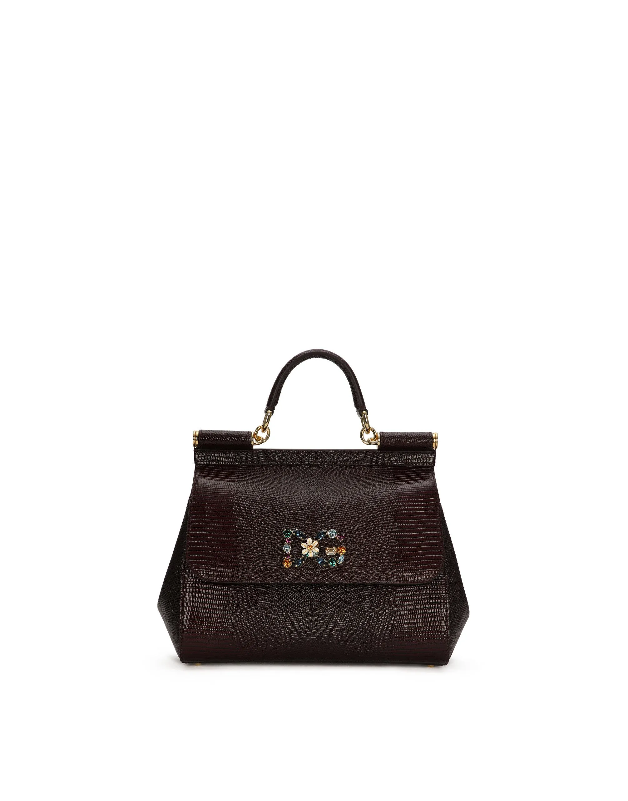 Medium iguana print calfskin Sicily bag with crystal DG logo patch