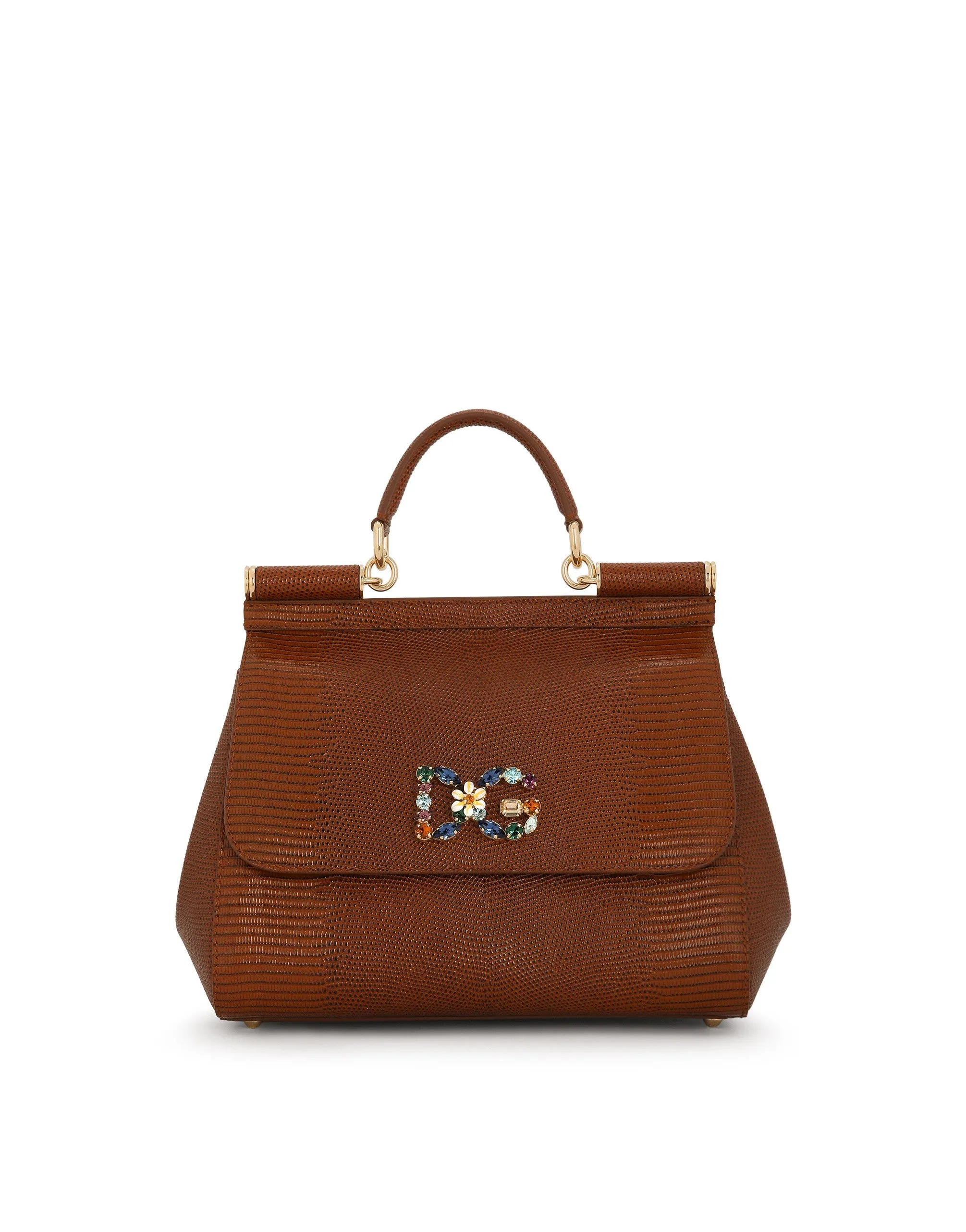 Medium iguana print calfskin Sicily bag with crystal DG logo patch