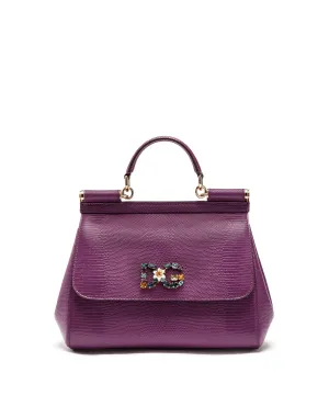Medium iguana print calfskin Sicily bag with crystal DG logo patch
