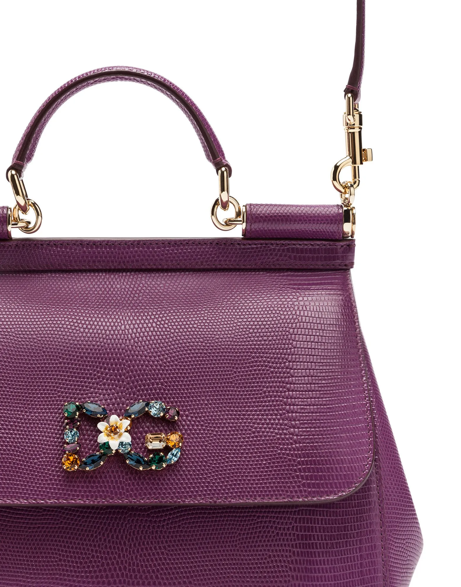 Medium iguana print calfskin Sicily bag with crystal DG logo patch