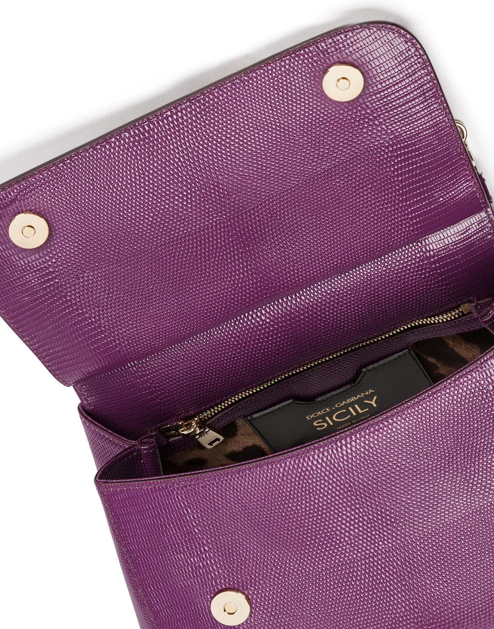 Medium iguana print calfskin Sicily bag with crystal DG logo patch