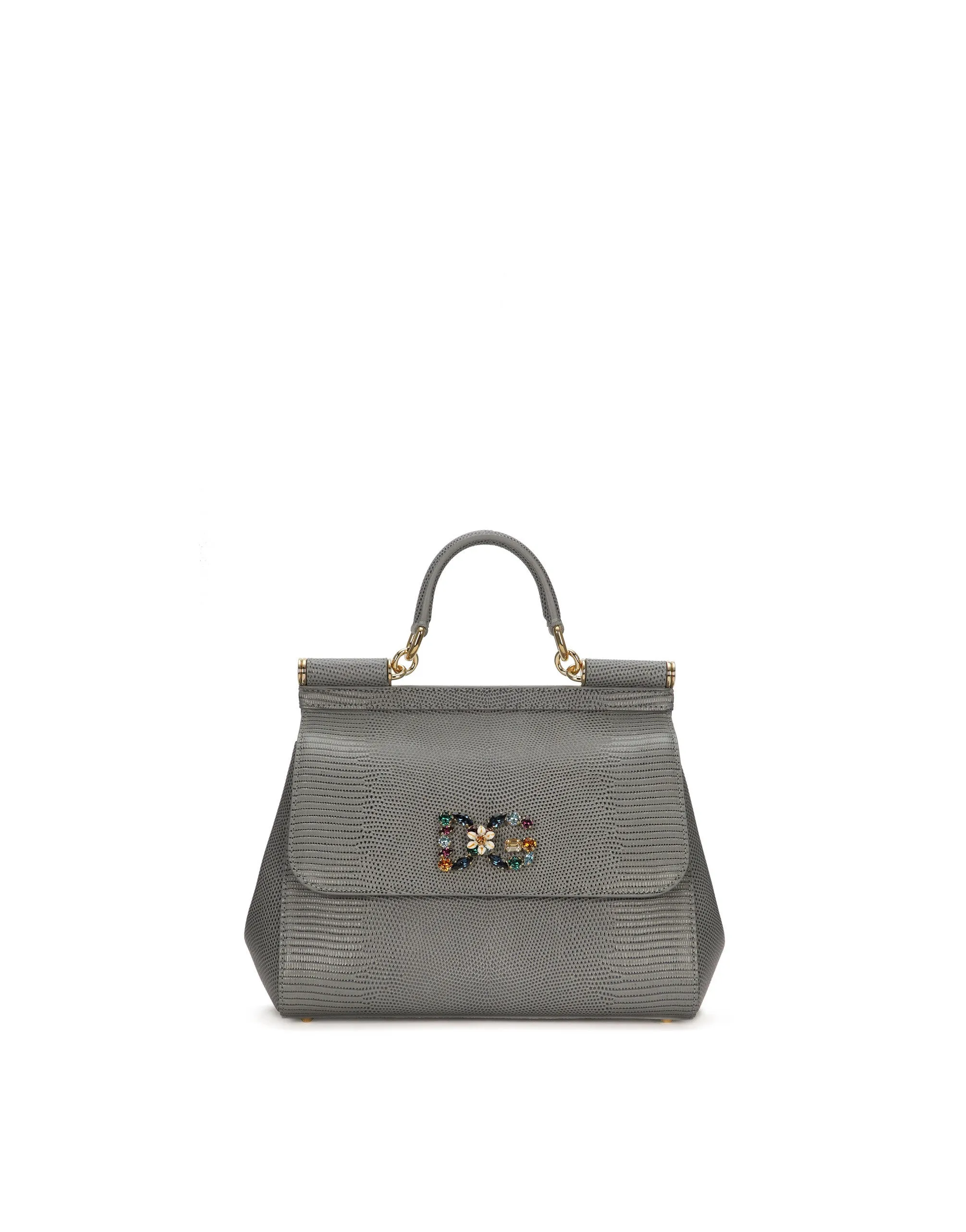 Medium iguana print calfskin Sicily bag with crystal DG logo patch