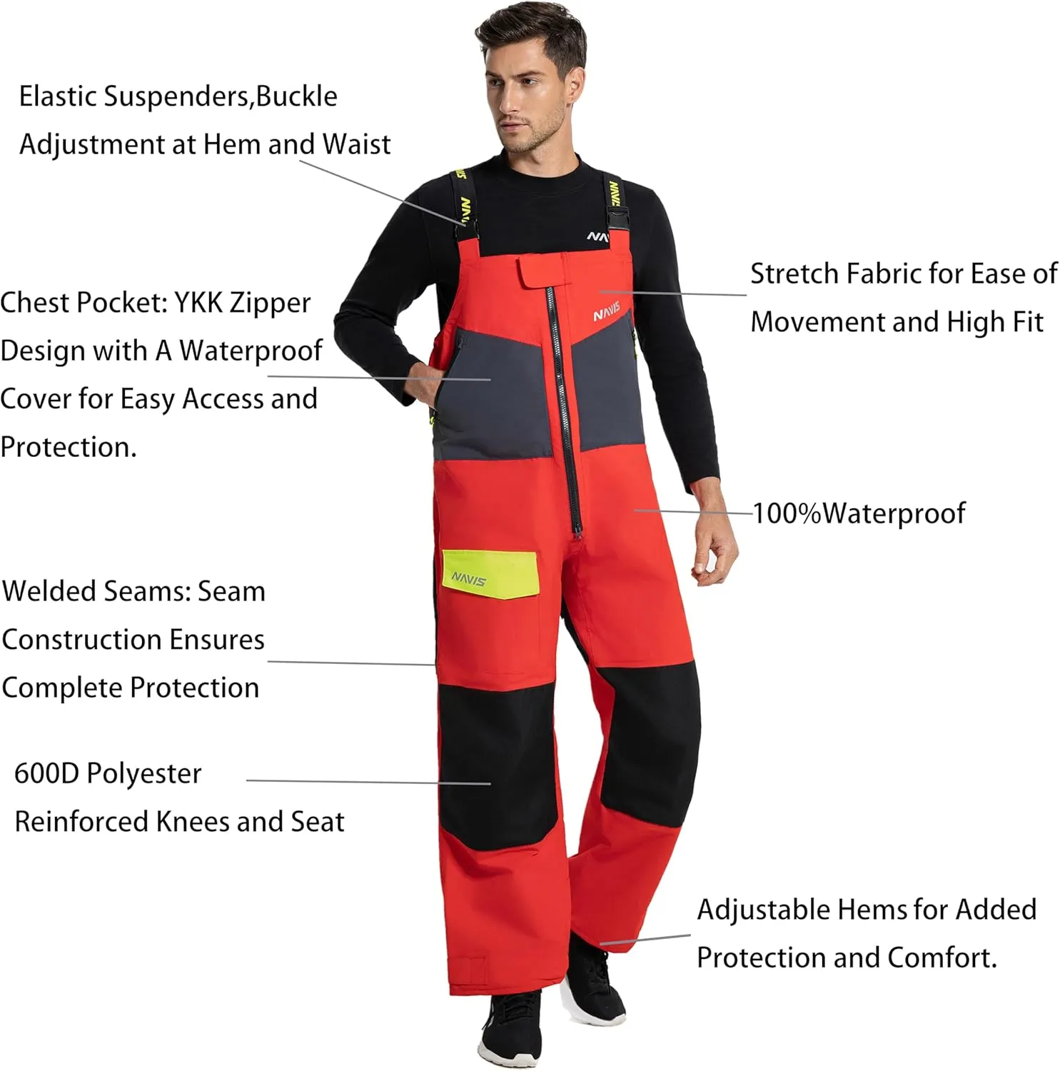 Men's Sailing Bib Pants- 3Layer-GORE PRO-TEX Waterproof Breathable Rain Gear for Coastal/Offshore