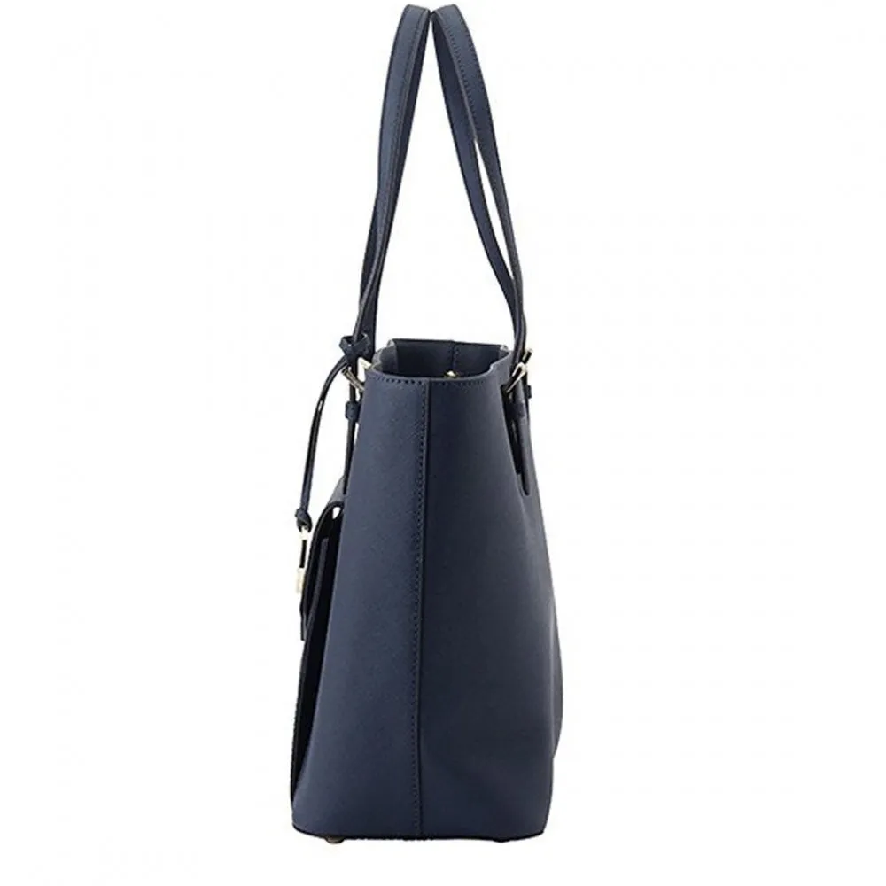 Michael Kors Jet Set Leather Medium Pocket Multifunction Tote Bag- Navy
