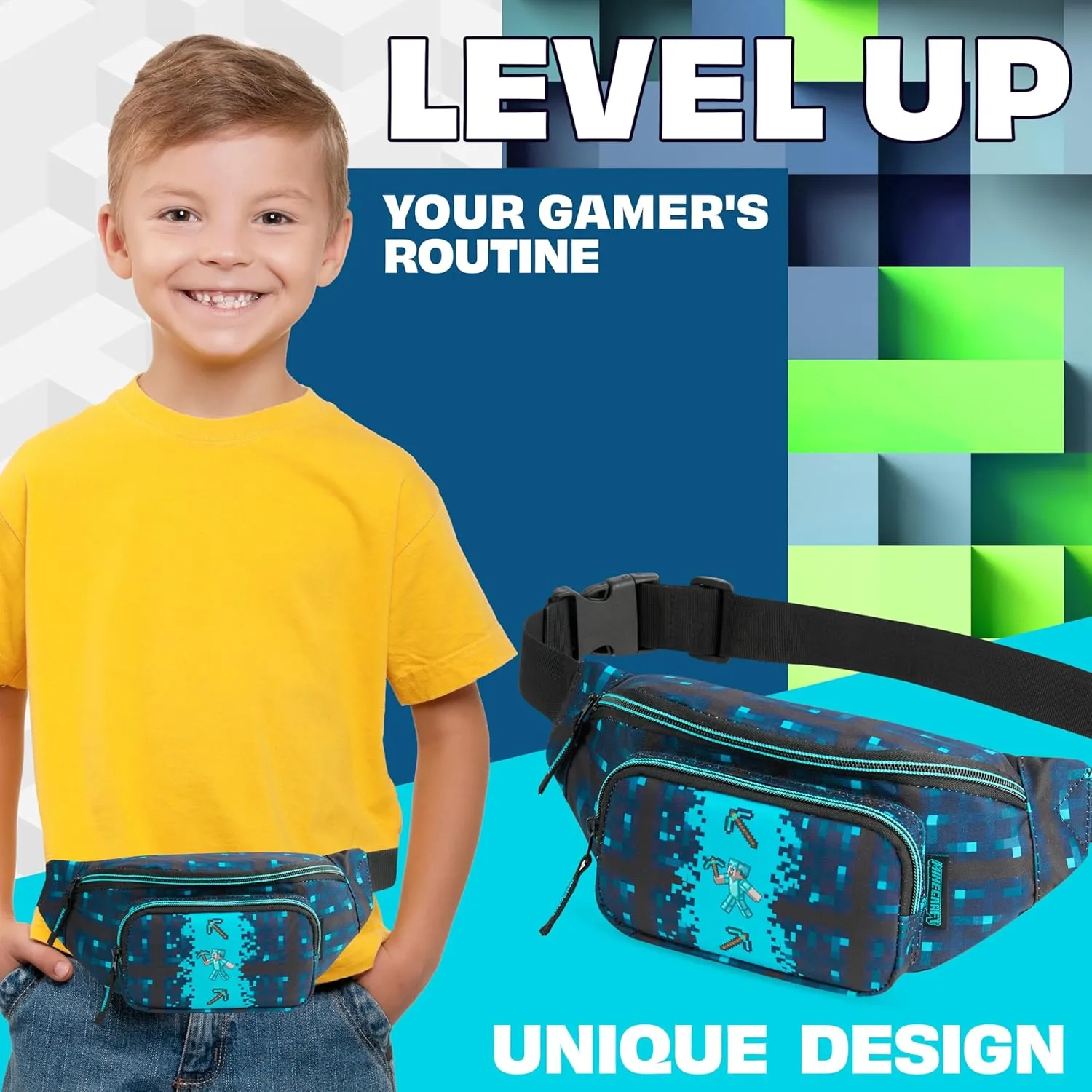 Minecraft Boys Fashion Waist Pack with Adjustable Strap, Creeper Travel Bag - Gamer Gifts (Blue)