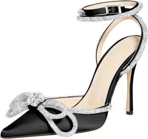 MIRAAZZURRA Women High Heeled Sandals Satin Sparkly Rhinestone Double Bow Sandals Pointy Toe Stiletto