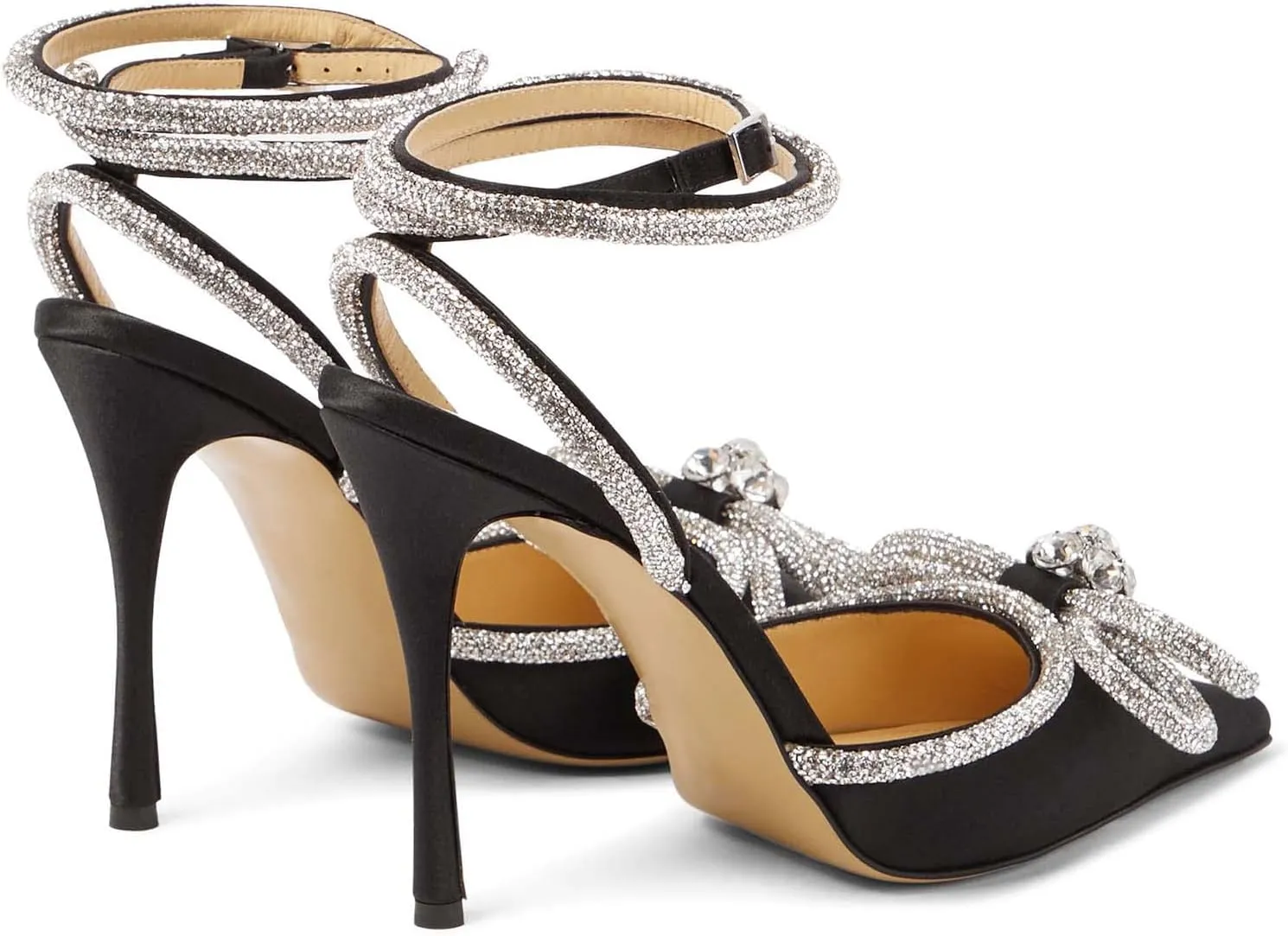 MIRAAZZURRA Women High Heeled Sandals Satin Sparkly Rhinestone Double Bow Sandals Pointy Toe Stiletto