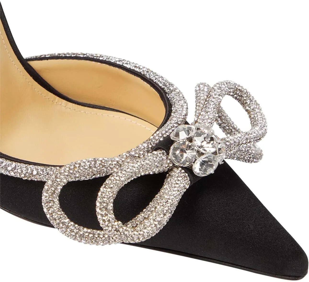 MIRAAZZURRA Women High Heeled Sandals Satin Sparkly Rhinestone Double Bow Sandals Pointy Toe Stiletto