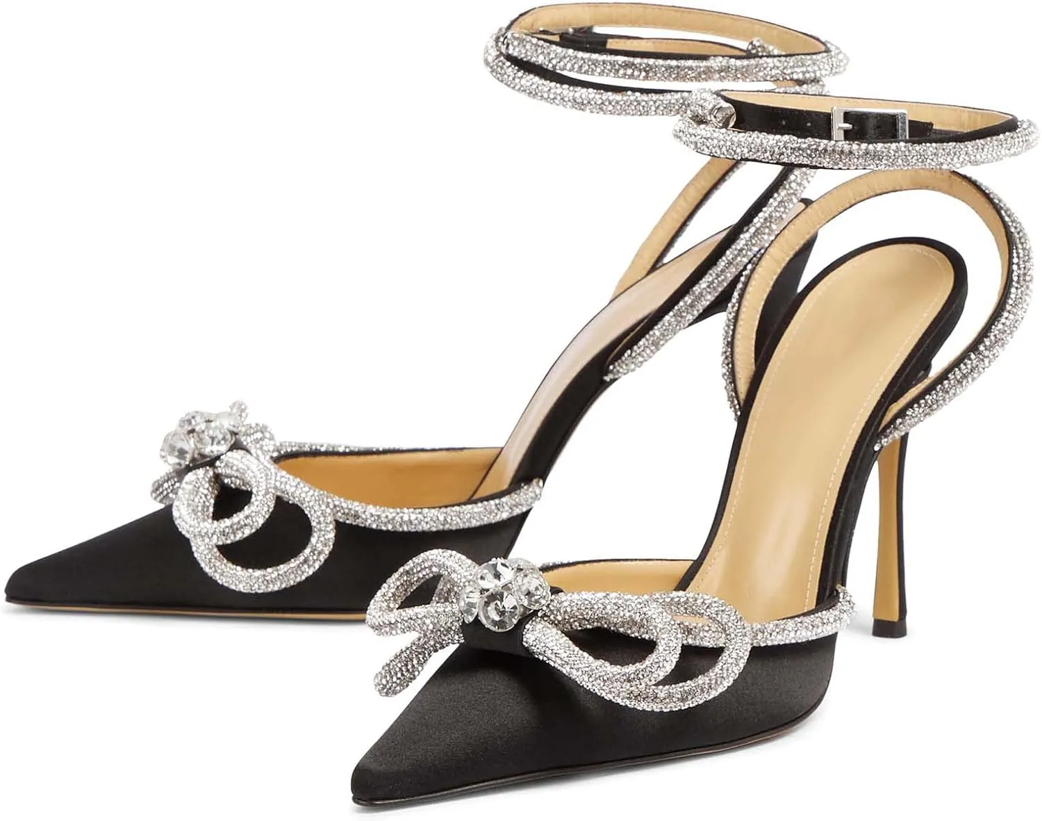 MIRAAZZURRA Women High Heeled Sandals Satin Sparkly Rhinestone Double Bow Sandals Pointy Toe Stiletto