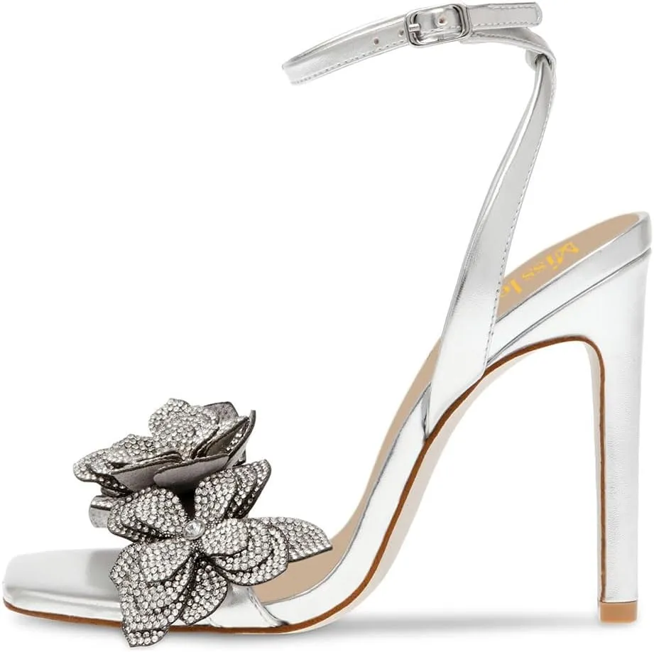 miss left Women Rhinestones Stiletto Heel Sandals with Strap Buckles Flower Embellished Open Square Toe High Heels Pumps Chic Wedding Event Dress Shoes Size 4-16 US