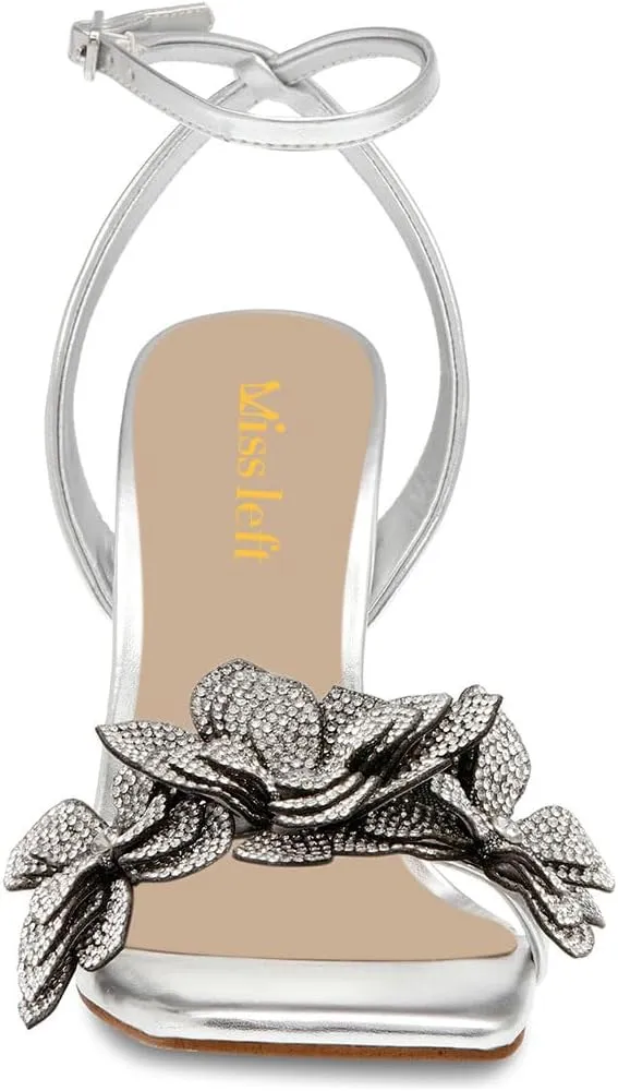 miss left Women Rhinestones Stiletto Heel Sandals with Strap Buckles Flower Embellished Open Square Toe High Heels Pumps Chic Wedding Event Dress Shoes Size 4-16 US